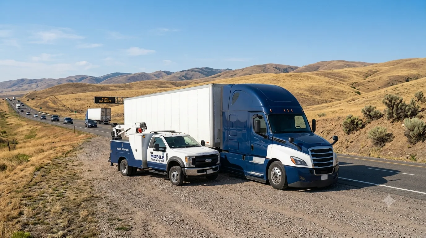 24 hour mobile diesel mechanic service truck repairing a blue semi truck on the side of the highway near Salt Lake City Utah